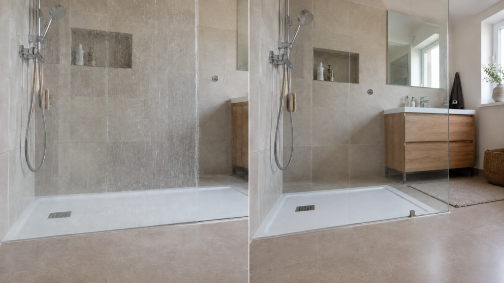 Avant après du nettoyage du calcaire sur une paroi de douche.
