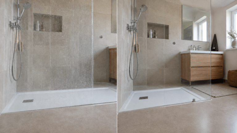 Avant après du nettoyage du calcaire sur une paroi de douche.