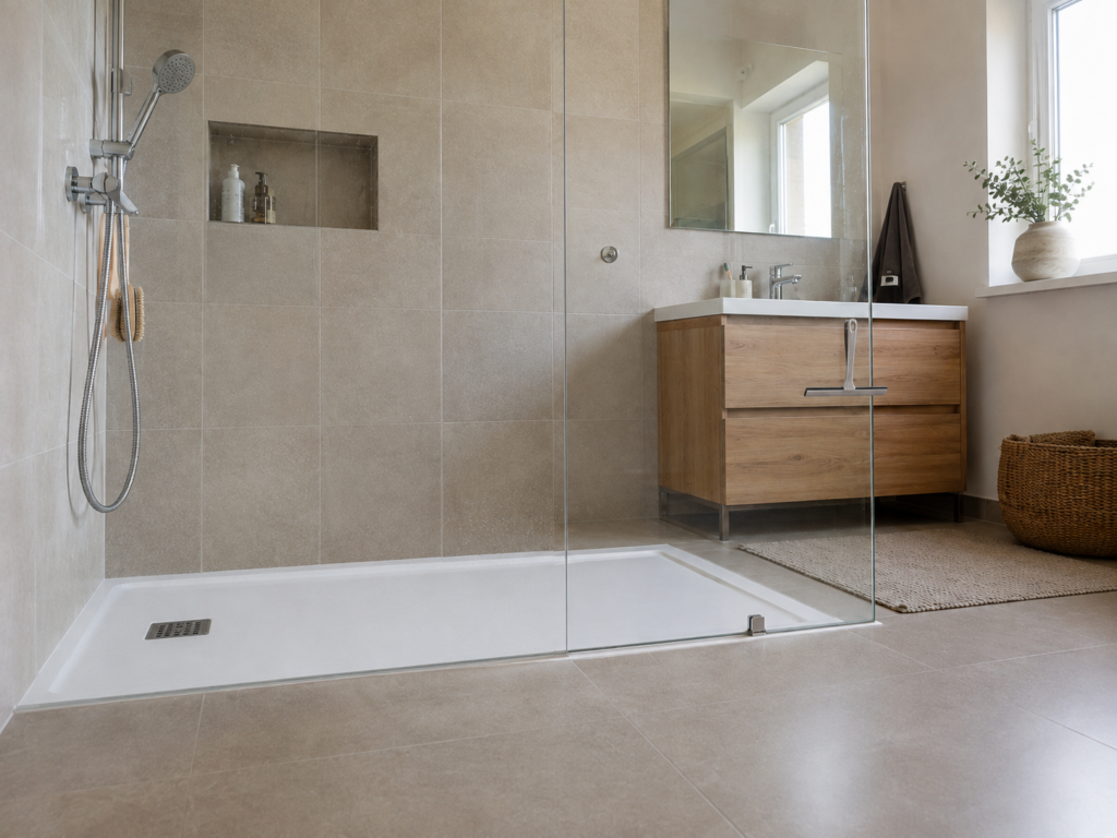 Paroi de douche propre après retrait du calcaire incrusté.