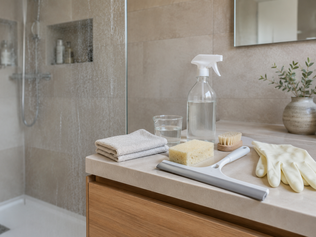 Matériel nécessaire pour enlever le calcaire d’une paroi de douche.