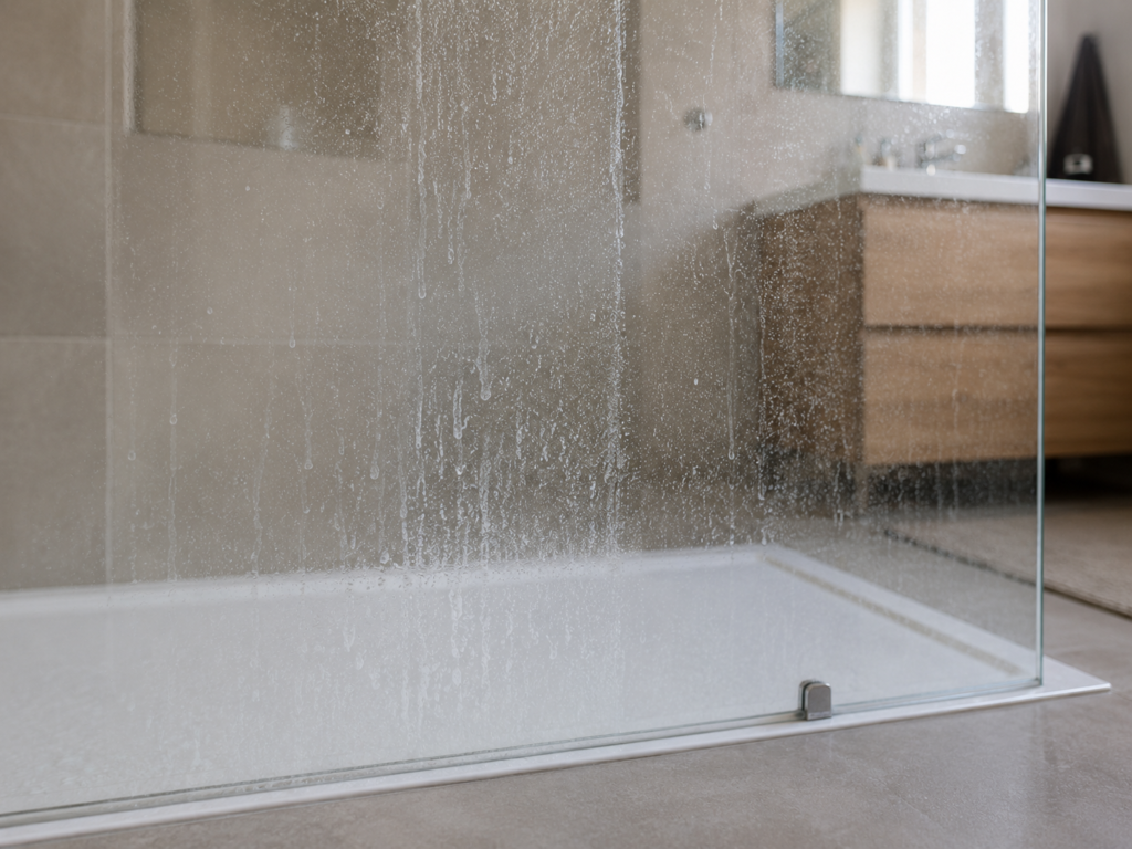 Calcaire incrusté et traces blanches sur une paroi de douche en verre.