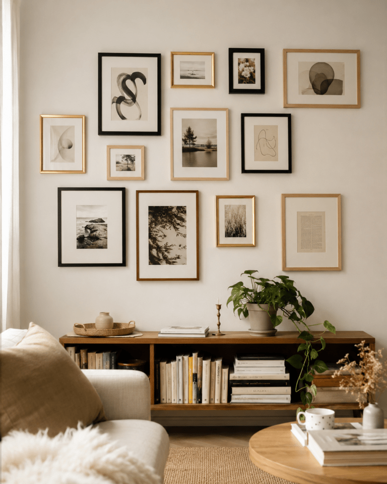 décoration murale pas chère avec cadres, tasseaux de bois, arche peinte, étagères et miroirs