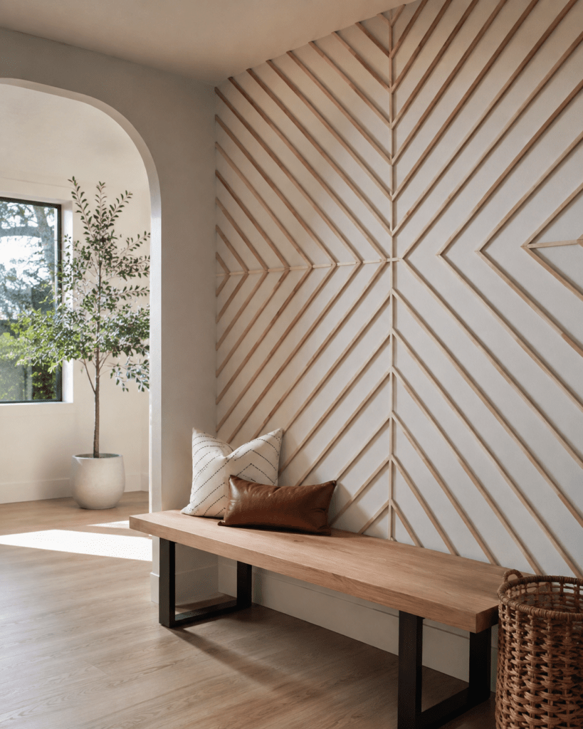 décoration murale pas chère avec cadres, tasseaux de bois, arche peinte, étagères et miroirs