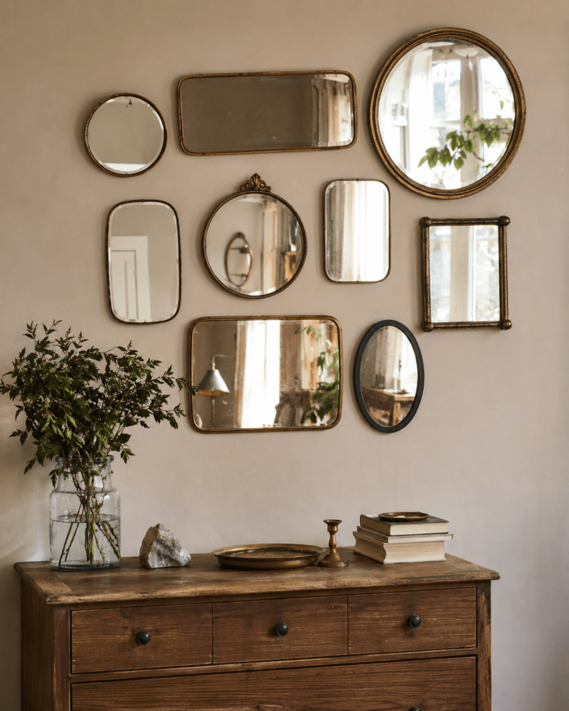 décoration murale pas chère avec cadres, tasseaux de bois, arche peinte, étagères et miroirs